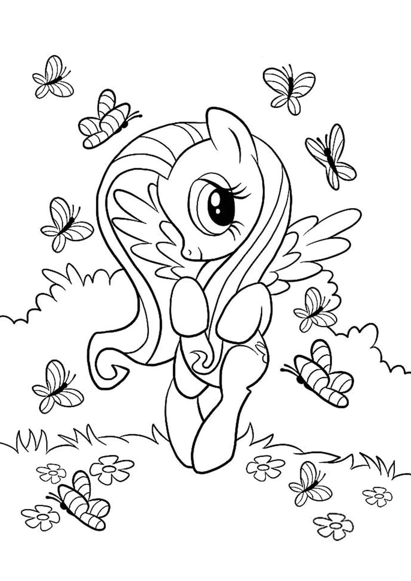 Флаттершай и бабочки раскраска для ребенка