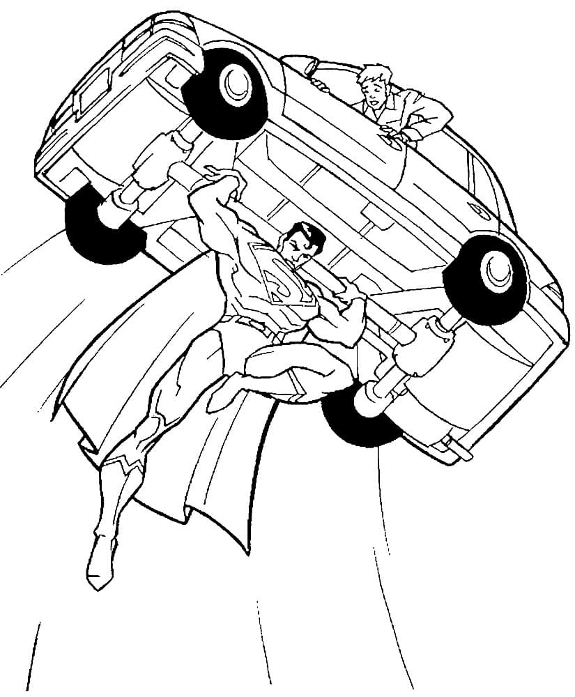Супермен держит автомобиль раскраска
