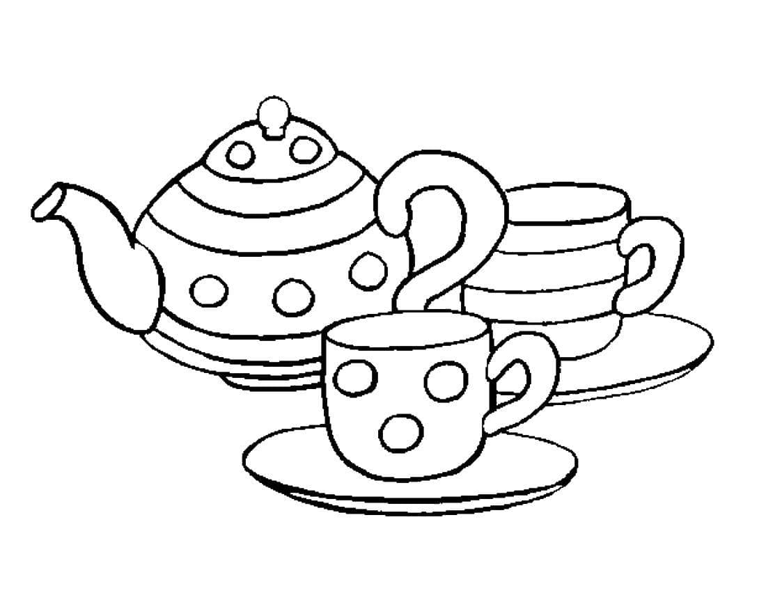 Чайник и две чашки на тарелках