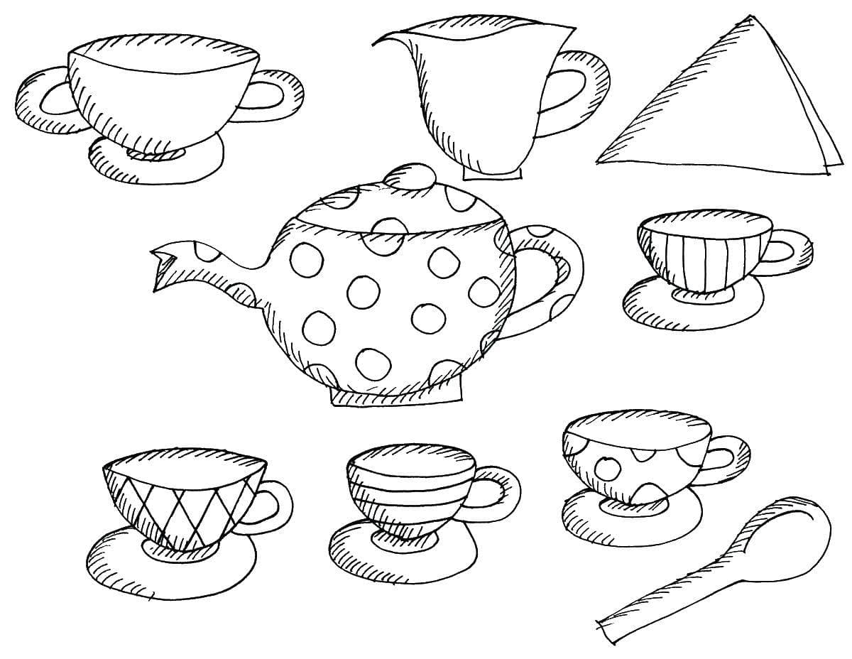 Чайник с кружочками и много чашек
