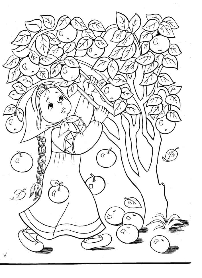 Девочка собирает яблоки