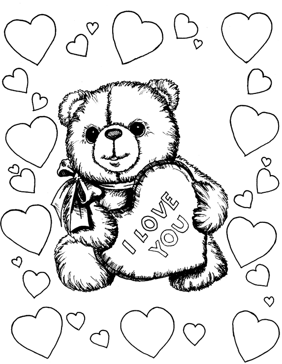 Медвежонок и сердечки раскраска