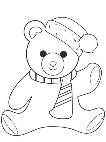 Плюшевый медвежонок в шарфе и шапке