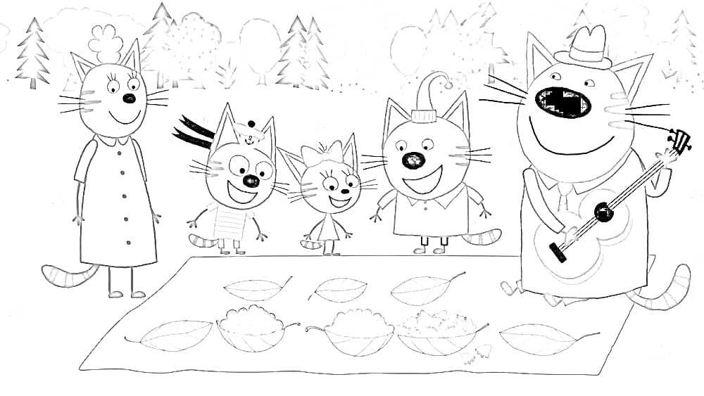 Три кота на пикнике раскраска