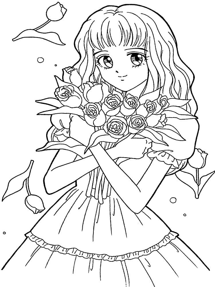 Девушка аниме с букетом роз