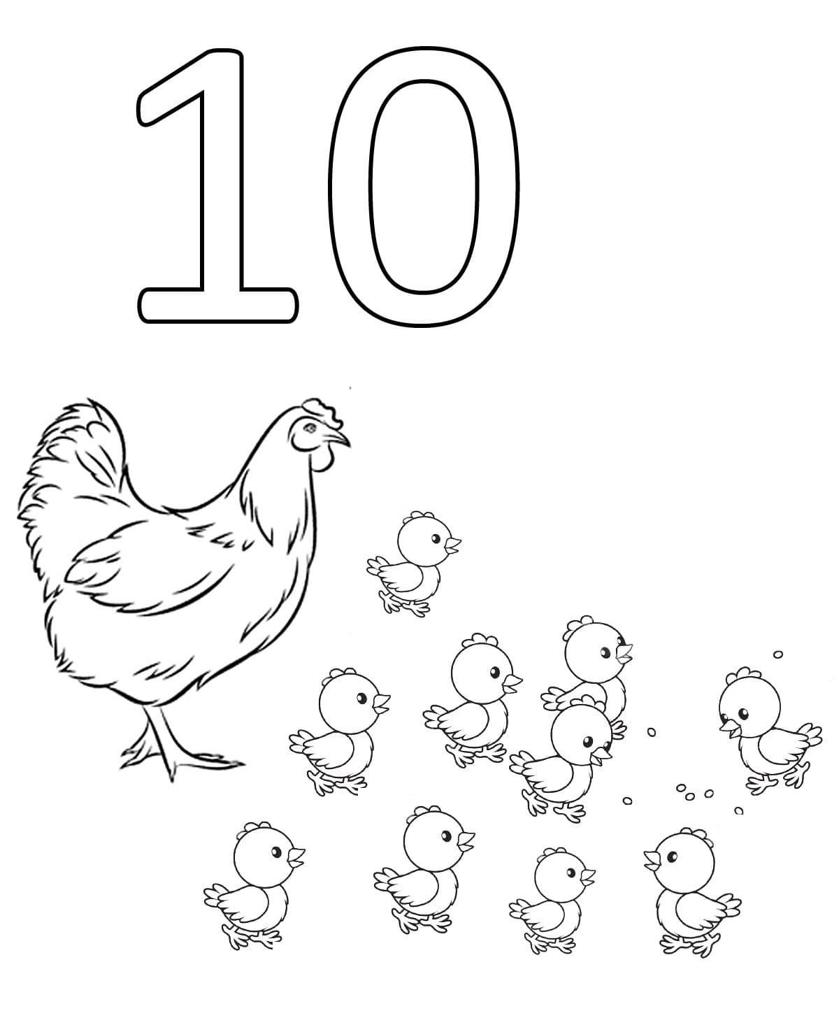 Раскраска цифра 10 цыплят