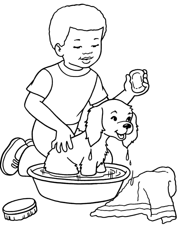 Мальчик моет собаку