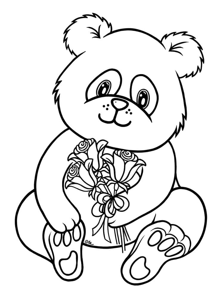 Панда с букетом цветов