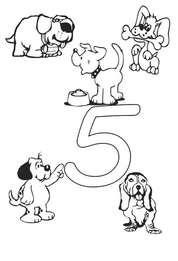 Цифра пять с собачками раскраска