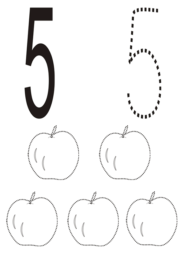 Раскраска цифра 5 с яблоками