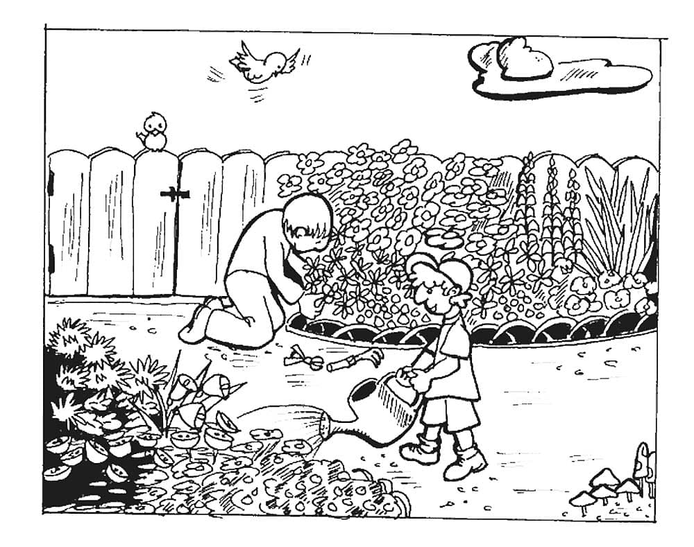 Дети поливают цветы детская раскраска