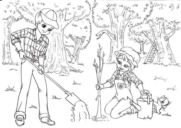 Мальчик с девочкой сажают деревья