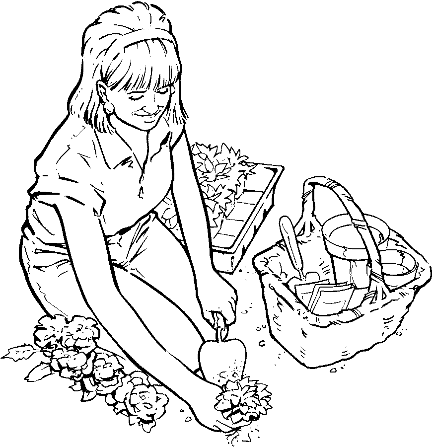 Женщина сажает цветы