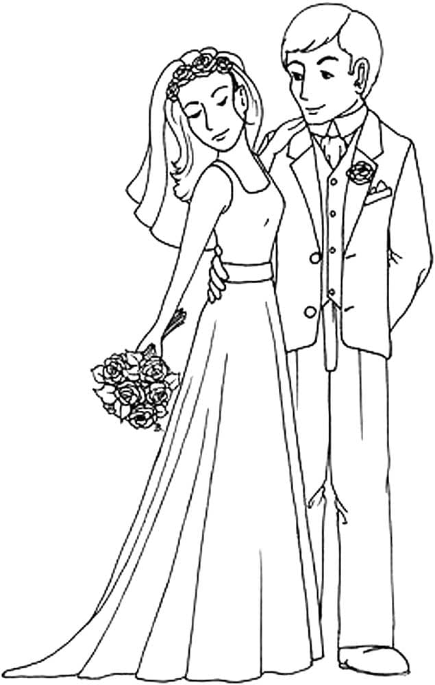 Невеста с букетом и жених раскраска