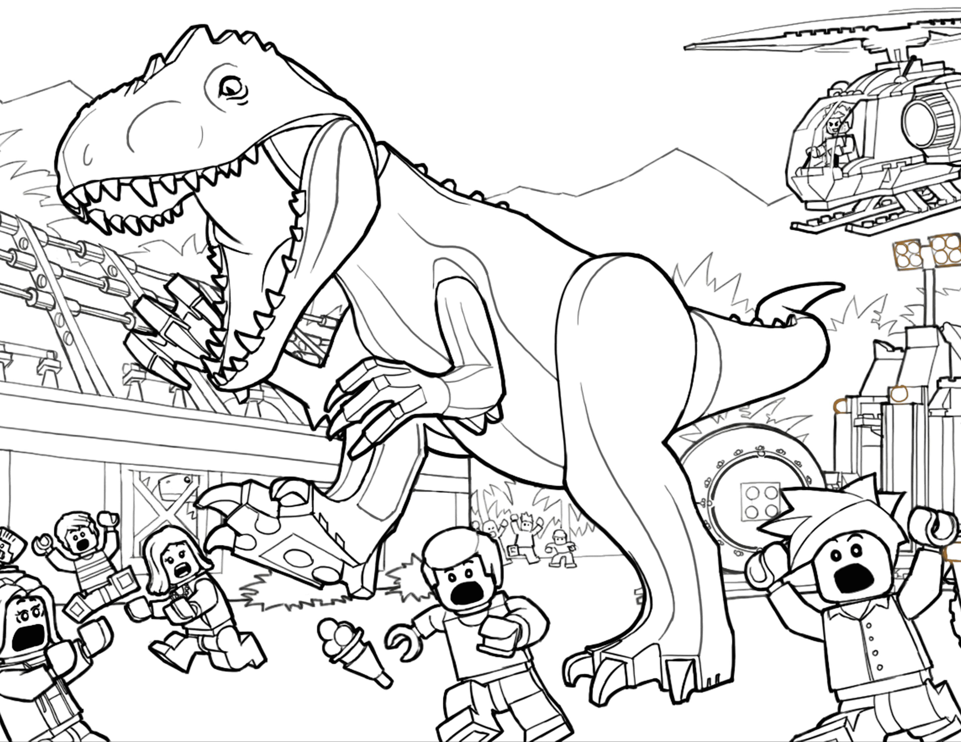 Динозавр Лего и мелкие люди раскраска