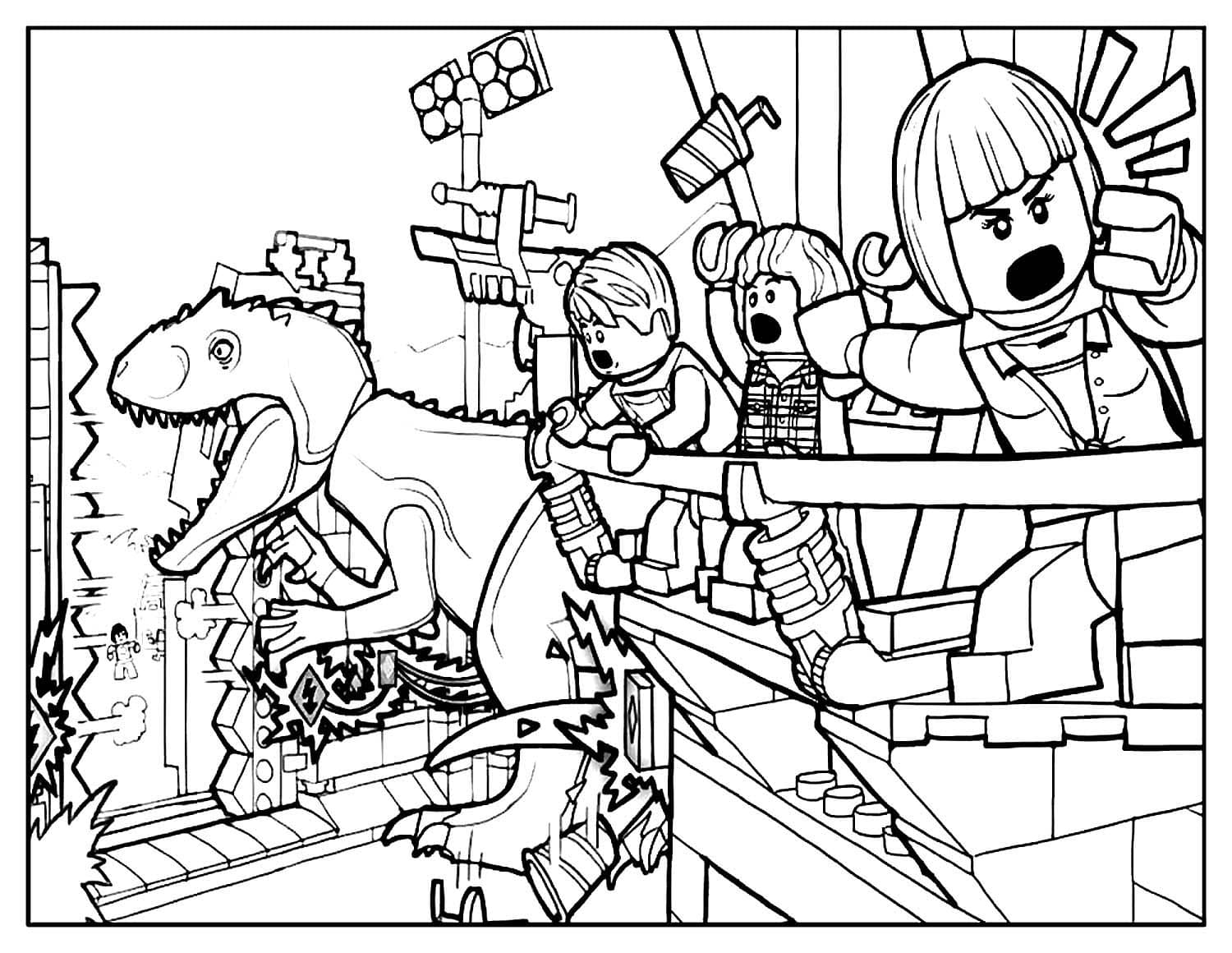 Люди и динозавр Лего раскраска для малышей