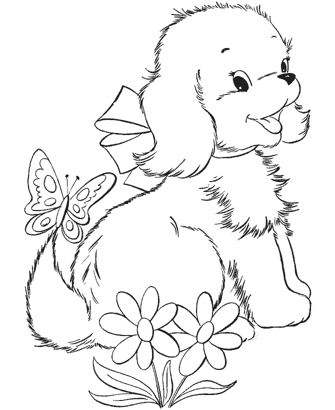 Собака цветы и бабочка