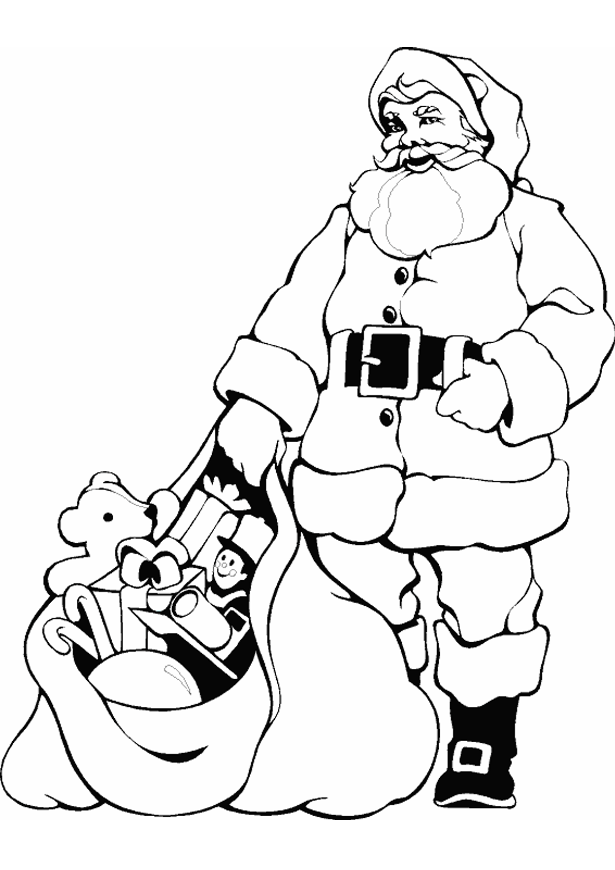 Санта с мешком подарков раскраска