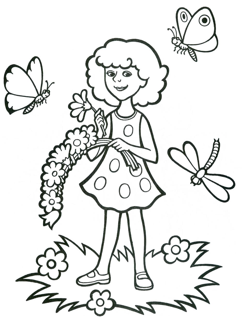 Девочка с бабочками раскраска