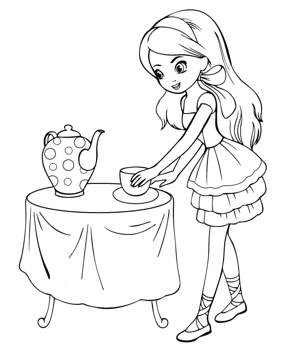 Девочка в платье и чашка с чайником