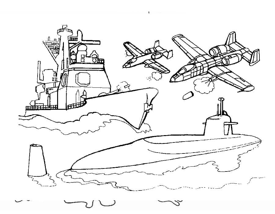 Истребители, корабль и подводная лодка