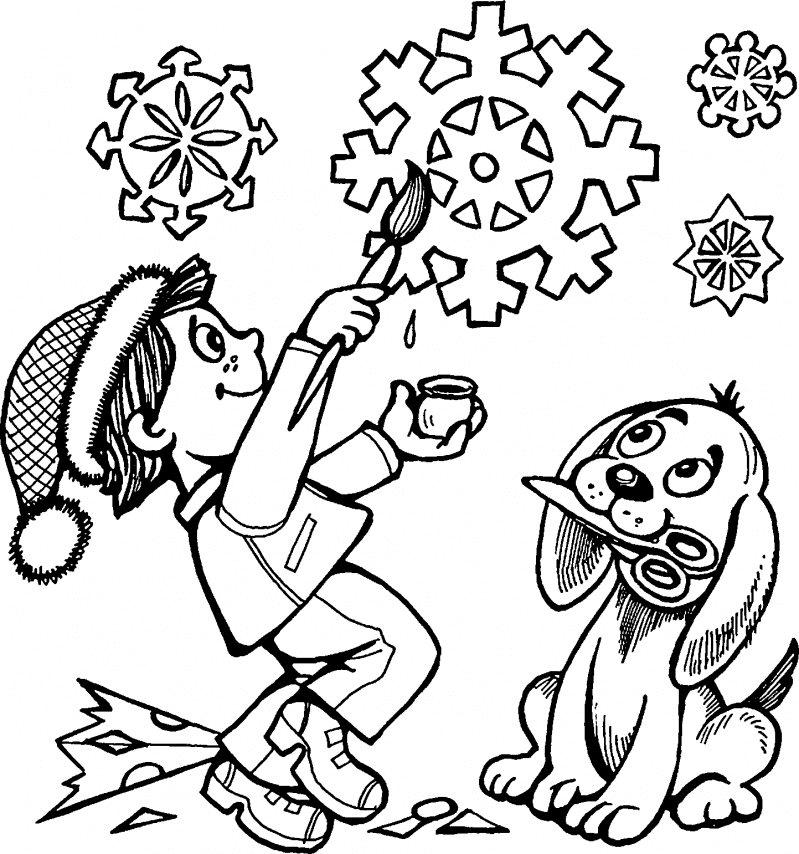 Мальчик собачка и снежинки