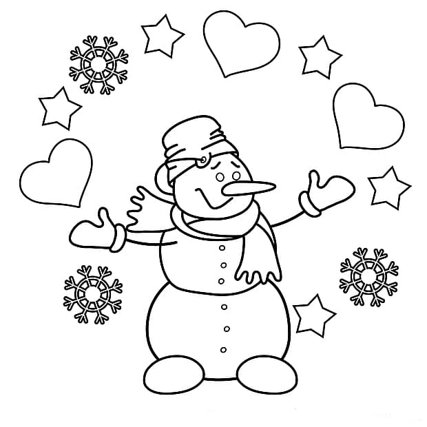 Снеговик сердечки и снежинки