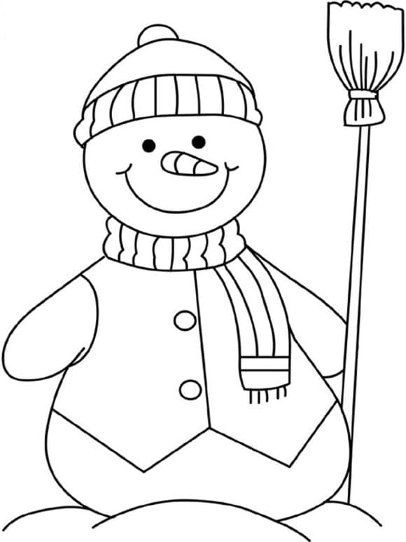 Снеговик в шарфе с шапкой и метлой