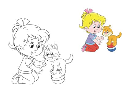 Раскраска девочка с кошкой с цветным образцом