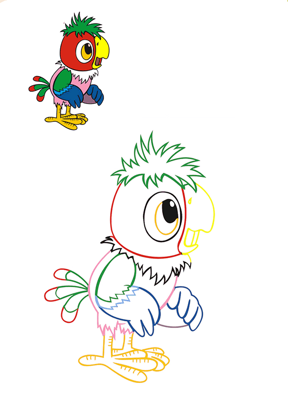 Раскраска попугай кеша с цветным образцом