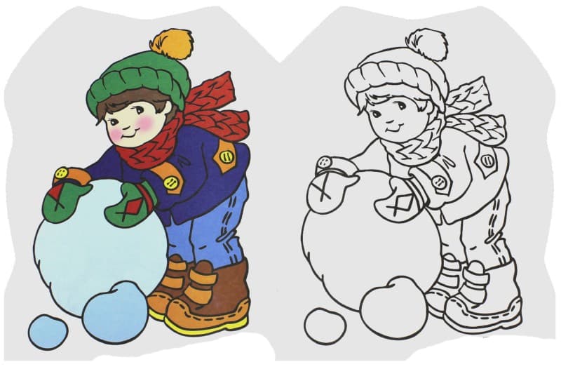 Раскраска ребенок с снегом с цветным образцом