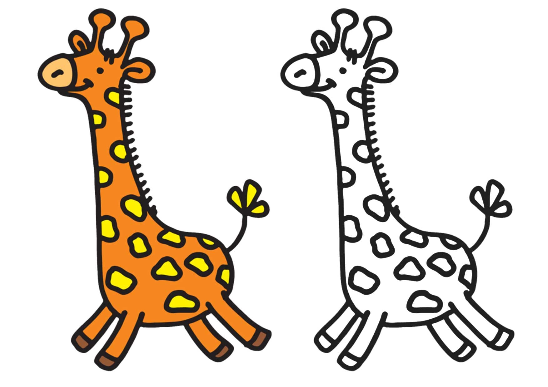 Раскраска жираф с цветным образцом