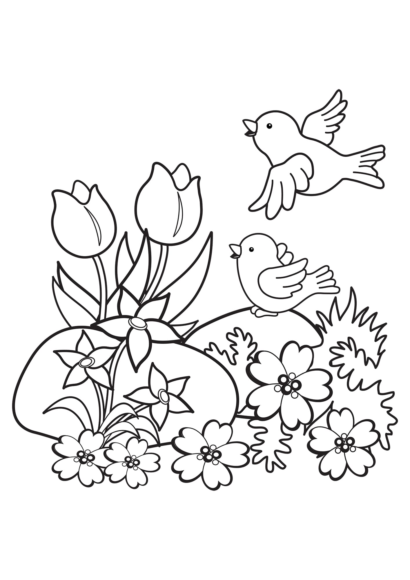 Птички с цветочками раскраска