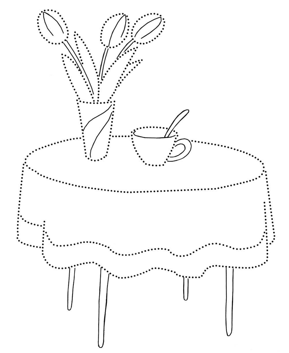 Раскраска по точкам стол и ваза с цветами