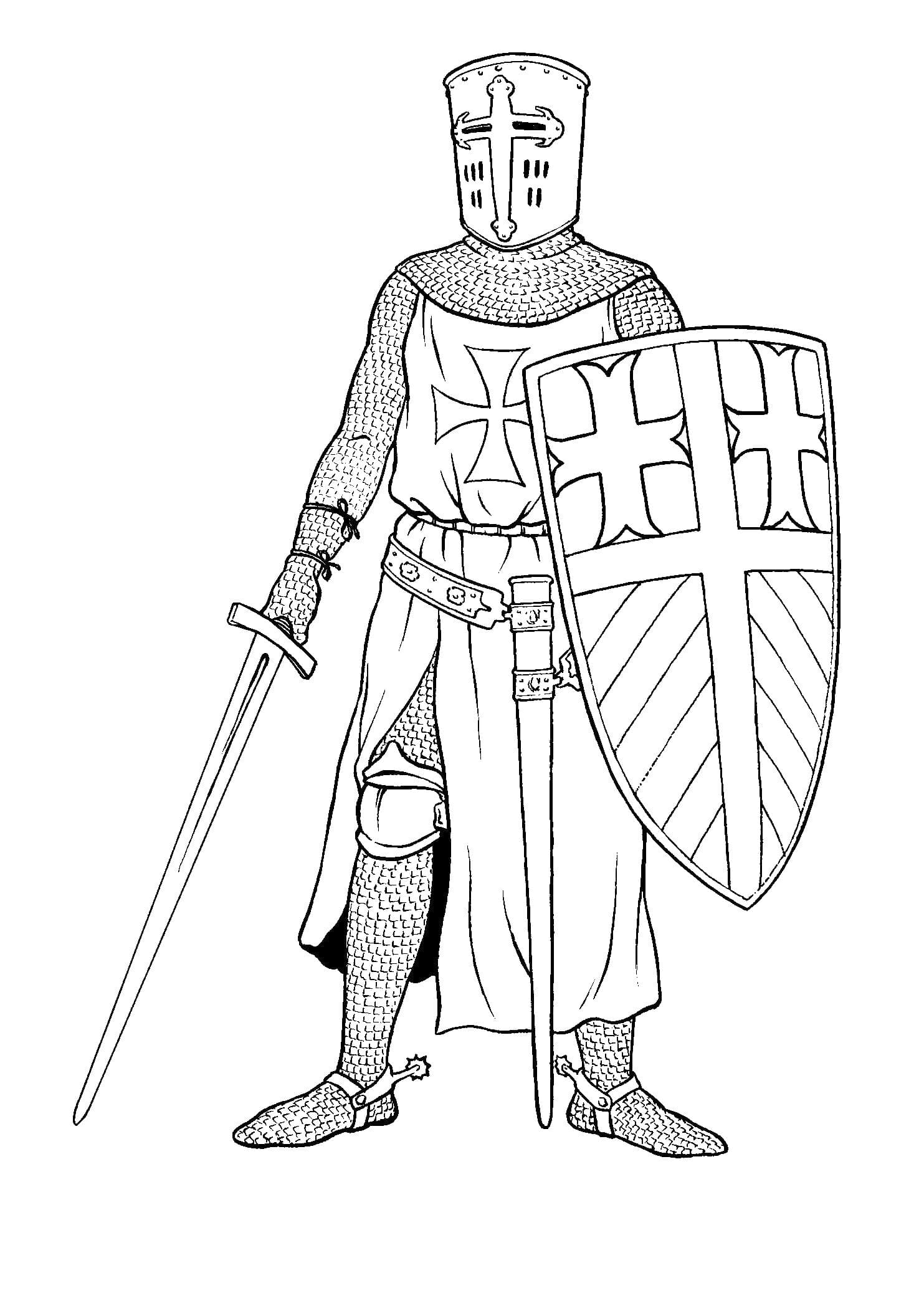Рыцарь с мечом и щитом в каске