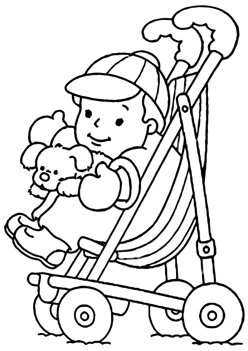 Мальчик в кепке на детской коляске