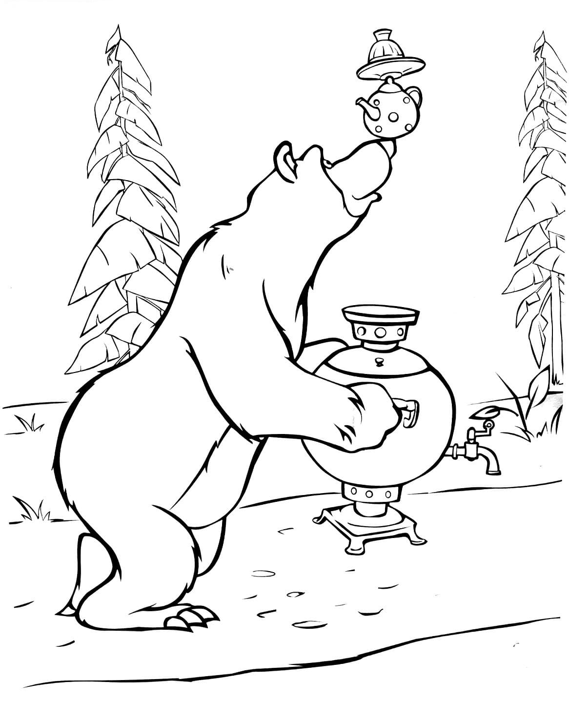 Медведь несет самовар и чашки