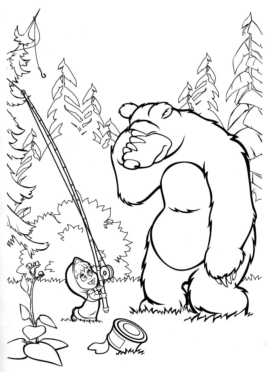 Маша и медведь на рыбалке раскраска