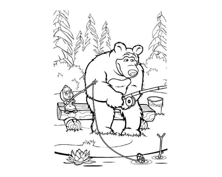 Маша и медведь с удочками раскраска детская