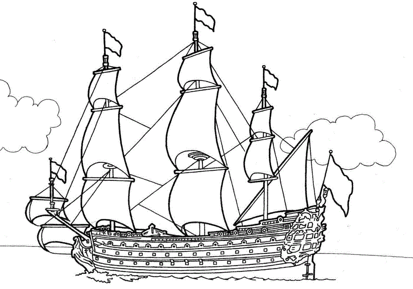 Ёольшой деревянный корабль с парусами раскраска
