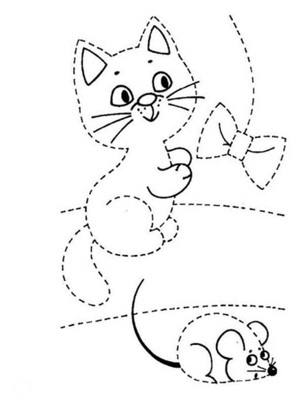 Кошка и мышка раскраска пунктир