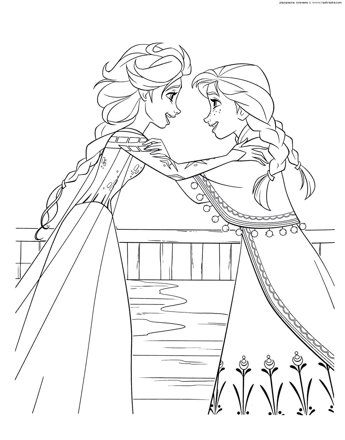 Эльза и Анна обнимаются раскраска