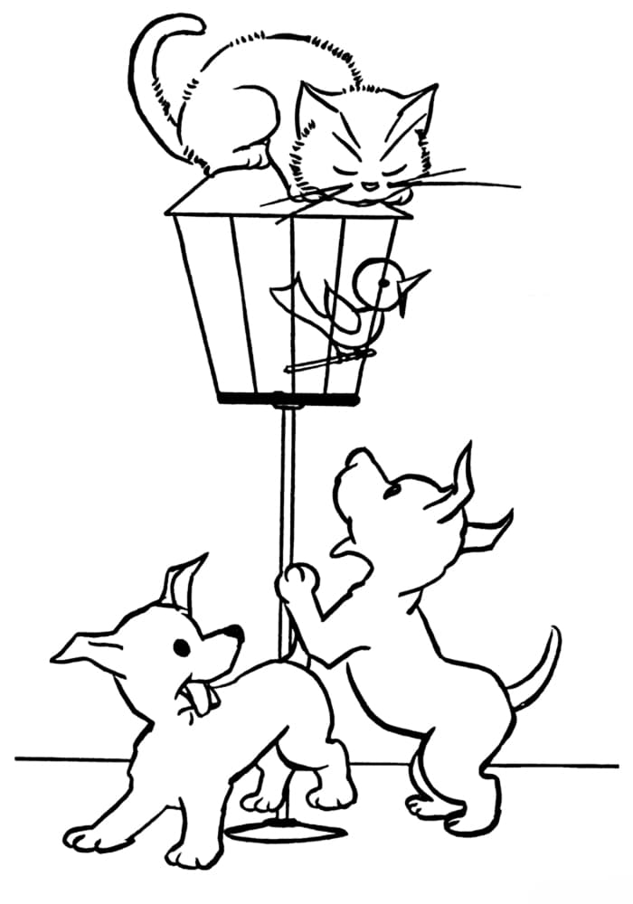 Щенки и кошка на столбе