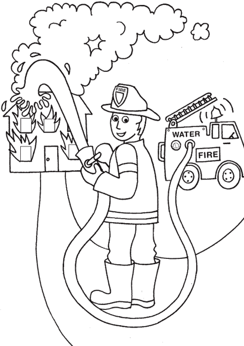 Пожарник тушит дом