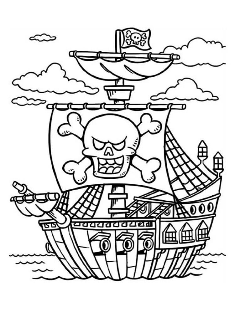 Пиратский корабль с большим флагом раскраска