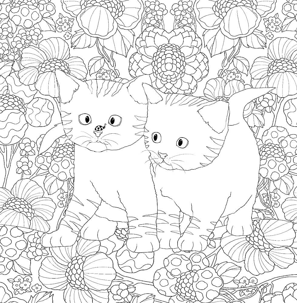 Раскраска котята и цветы