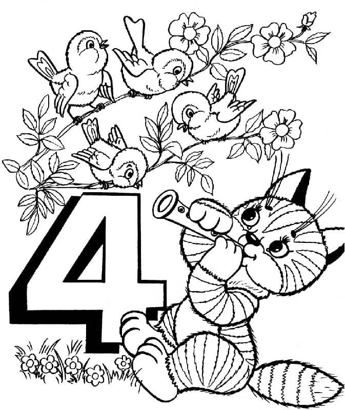 Раскраска цифра 4 с котиком