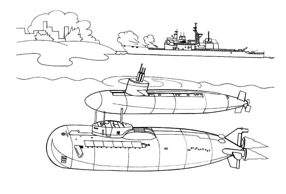 Две подводные лодки и корабль