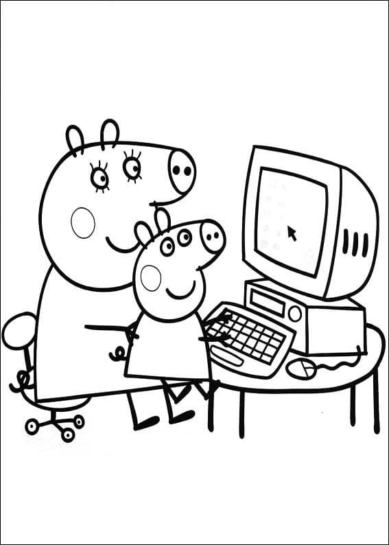 Мама свинка и Пеппа за компьютером