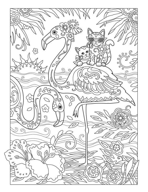 Раскраска фламинго и кот